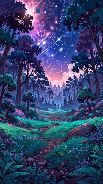 Magical Forest Path Under Starry Cosmic Sky - Free 4K & 8K Mobile Wallpaper