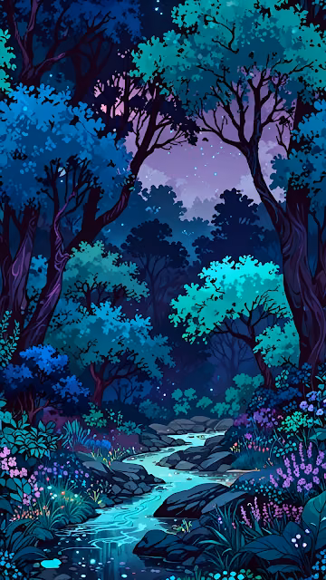 Magical Night Forest Stream Illustration with Glowing Water - Free 4K & 8K Mobile Wallpaper