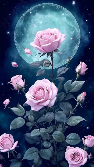 Magical Pink Roses Teal Moon Starry Night Bloom - Free 4K & 8K Mobile Wallpaper