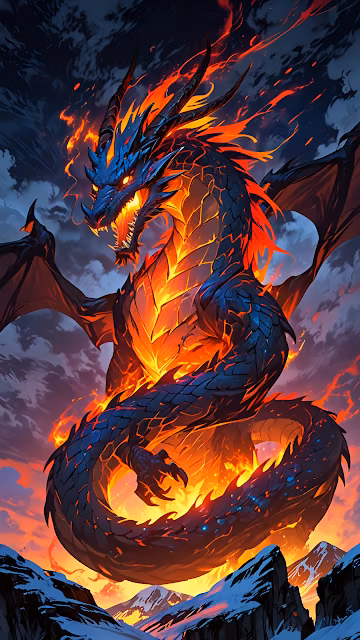 Majestic blue dragon breathes fire over snowy mountain peaks - Free 4K & 8K Mobile Wallpaper