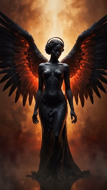 Majestic Dark Angel with Fiery Wings Against Hellish Sky - Free 4K & 8K Mobile Wallpaper