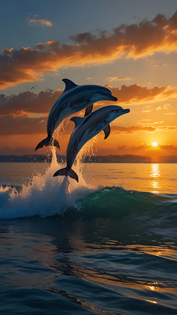 Majestic Dolphins Jumping Over Wave at Golden Ocean Sunset - Free 4K & 8K Mobile Wallpaper