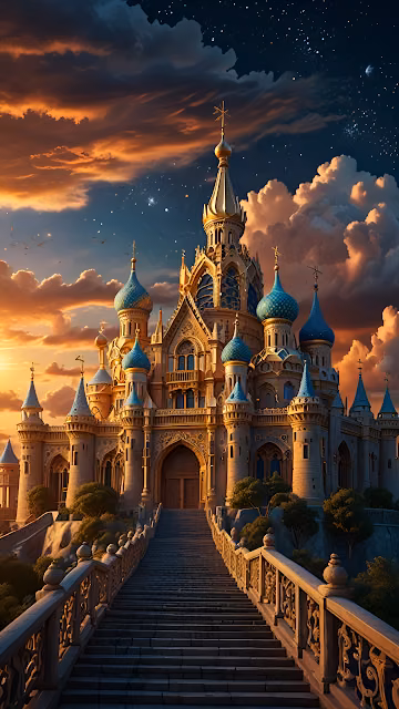 Majestic Fantasy Castle at Sunset Under Starry Sky - Free 4K & 8K Mobile Wallpaper