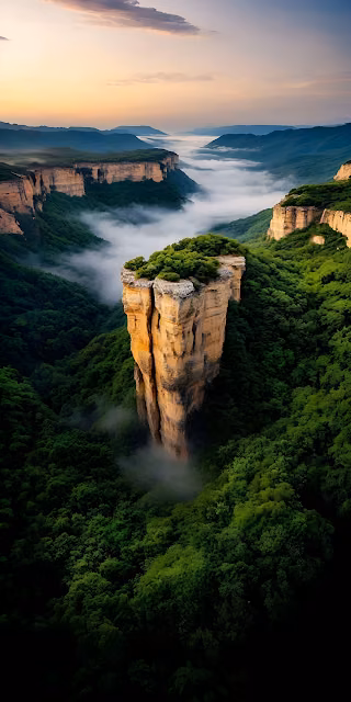 Majestic Forest Canyon Monolith Sunrise Fog Landscape - Free 4K & 8K Mobile Wallpaper