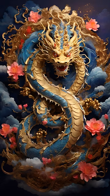 Majestic Golden Blue Oriental Dragon Sculpture with Peonies - Free 4K & 8K Mobile Wallpaper