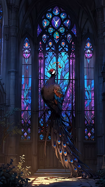 Majestic Peacock Before Gothic Stained Glass Window - Free 4K & 8K Mobile Wallpaper