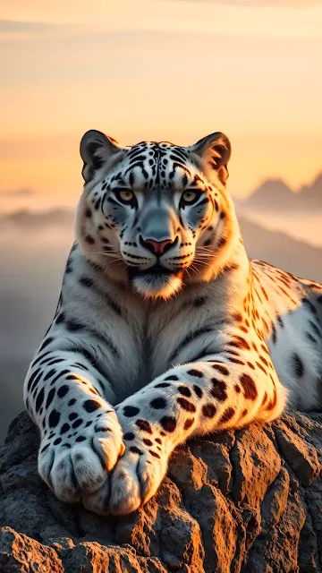 Majestic Snow Leopard Resting on Mountain Rock at Sunset - Free 4K & 8K Mobile Wallpaper