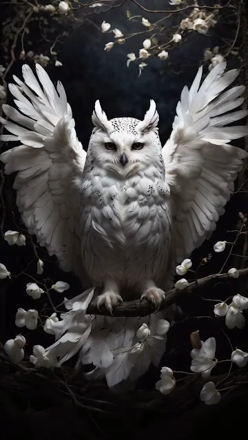 Majestic Snowy Owl with Wings Spread Amidst White Flowers - Free 4K & 8K Mobile Wallpaper