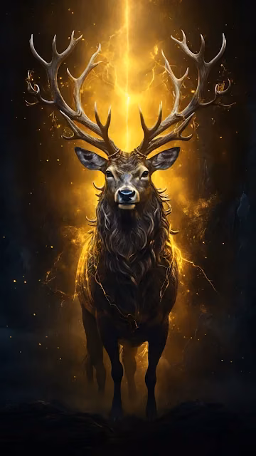 Majestic stag with glowing antlers radiates golden energy - Free 4K & 8K Mobile Wallpaper