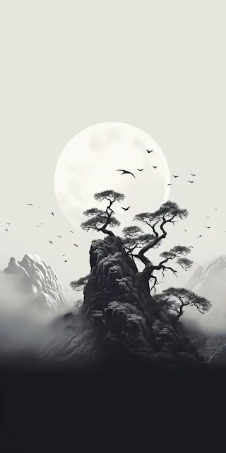 Majestic Sumi-e Pine Tree on Mountain Peak with Full Moon - Free 4K & 8K Mobile Wallpaper