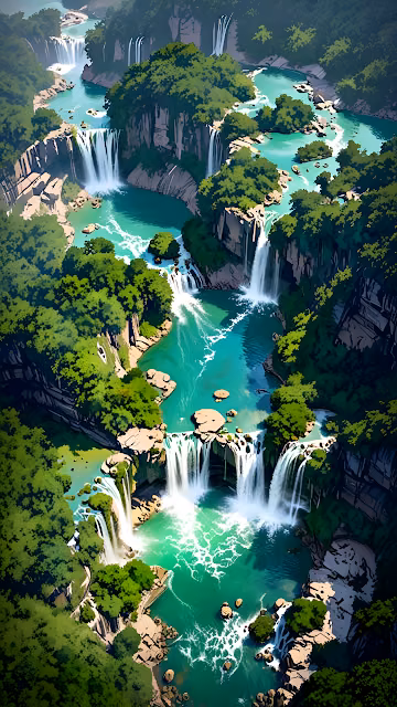 Majestic Tiered Waterfalls Deep Tropical Canyon Illustration - Free 4K & 8K Mobile Wallpaper