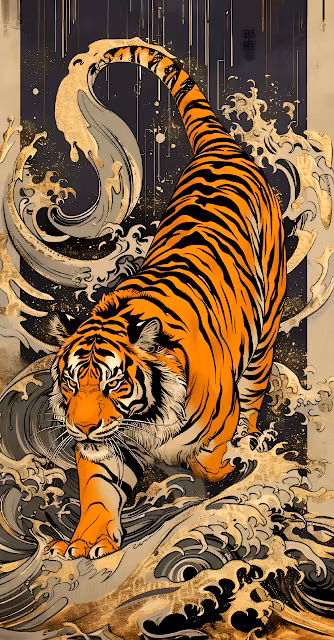 Majestic Tiger in Japanese UkiyoE Style with Gold Waves - Free 4K & 8K Mobile Wallpaper
