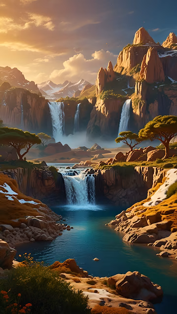 Majestic Waterfalls in Sunlit Mountain Canyon - Free 4K & 8K Mobile Wallpaper
