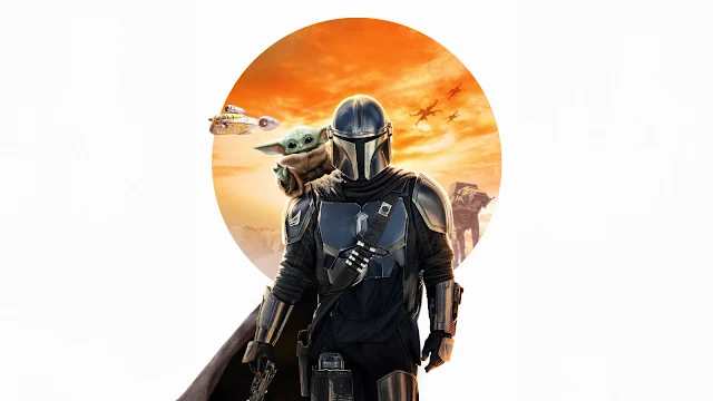 The Mandalorian and Grogu stand together before a circular sunset backdrop showing the Razor Crest and desert dunes. The Mandalorian in silver armor with Grogu on his shoulder in front of a circular orange sunset with starships.