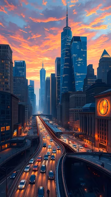 Manhattan Freeway Traffic Against Sunset Skyline - Free 4K & 8K Mobile Wallpaper