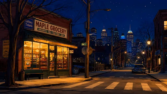 Illustrated corner grocery store lit up at night with an empty street leading toward glowing city skyscrapers.