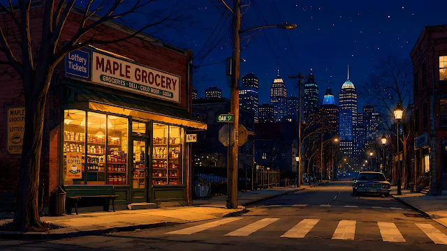 Corner grocery deli illuminated at night along an empty city street with skyscrapers under starry skies. Illustrated corner grocery store lit up at night with an empty street leading toward glowing city skyscrapers.