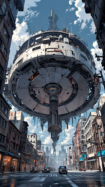 Massive Flying Machine Hovering Over City Street - Free 4K & 8K Mobile Wallpaper