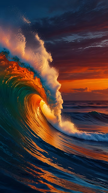 Massive Ocean Wave Glowing at Fiery Sunset - Free 4K & 8K Mobile Wallpaper