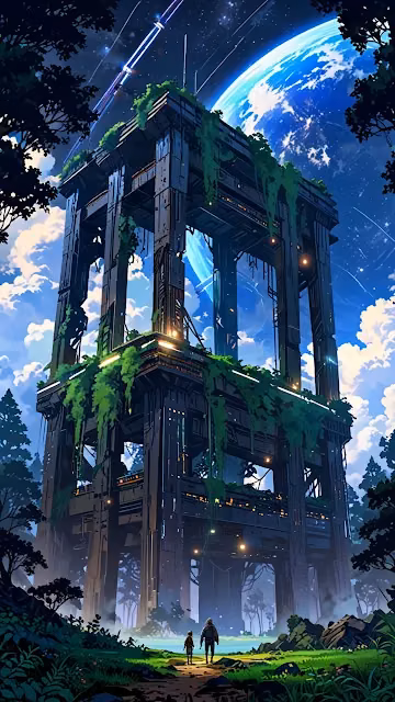 Massive overgrown tower under alien planet in starry sky - Free 4K & 8K Mobile Wallpaper