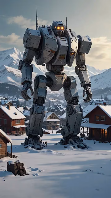 Massive Robot in Snowy Mountain Village - Free 4K & 8K Mobile Wallpaper