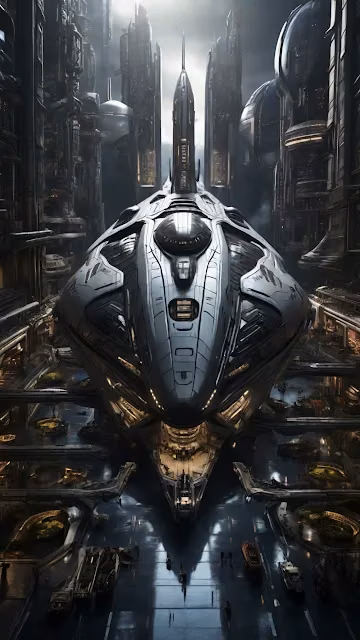 Massive silver spaceship docked in towering futuristic city - Free 4K & 8K Mobile Wallpaper