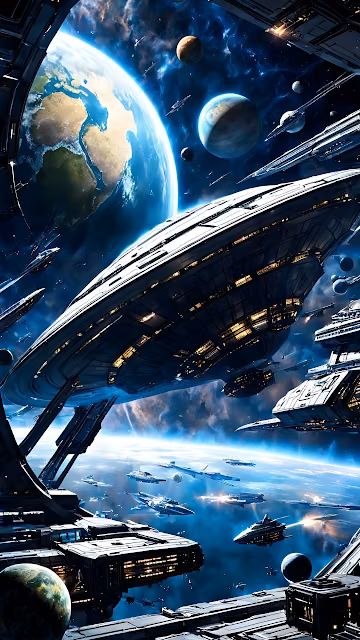 Massive Spaceship Fleet Docked Near Earth Orbit Battle - Free 4K & 8K Mobile Wallpaper