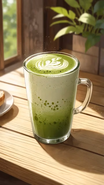 Matcha Latte with Leaf Art on Wooden Table - Free 4K & 8K Mobile Wallpaper