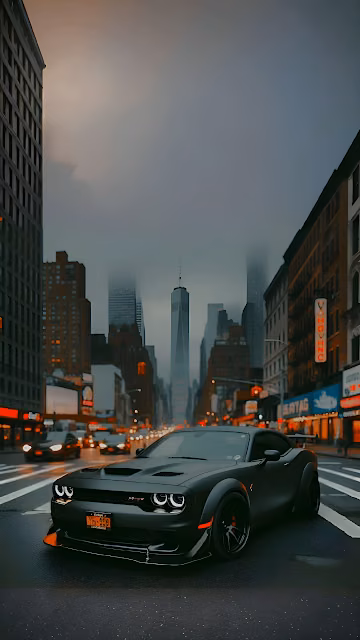 Matte Black Dodge Challenger Muscle Car in Moody NYC Streetscape - Free 4K & 8K Mobile Wallpaper