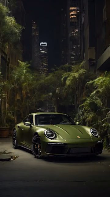 Matte Green Porsche in Urban Jungle at Night - Free 4K & 8K Mobile Wallpaper