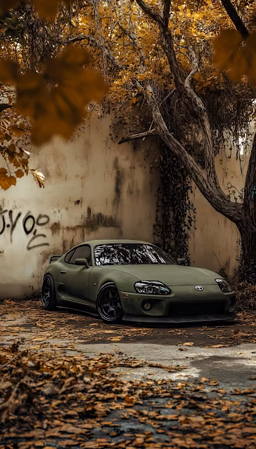 Matte Olive Toyota Supra MK4 in Autumn Urban Decay Scene - Free 4K & 8K Mobile Wallpaper