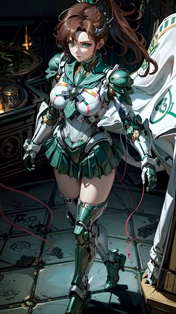 Mecha Anime Girl in Green and White Power Armor - Free 4K & 8K Mobile Wallpaper