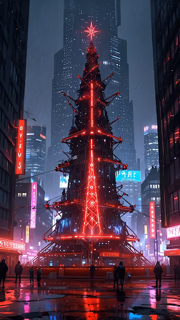 Mechanical Christmas Tree with Red Neon Lights in Rainy City - Free 4K & 8K Mobile Wallpaper