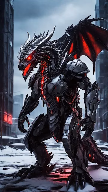 Mechanical Dragon in Snowy Cyberpunk City - Free 4K & 8K Mobile Wallpaper