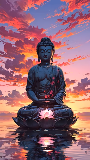 Meditating Buddha Sunset Reflection Lotus Art - Free 4K & 8K Mobile Wallpaper