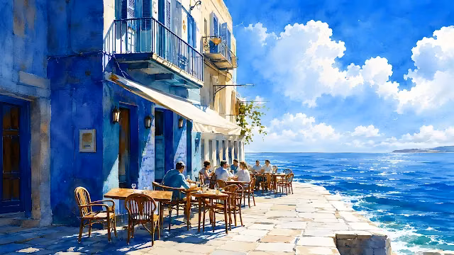Watercolor painting of people dining at outdoor tables beside a blue building along the seaside.