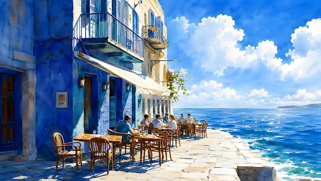 Watercolor painting of diners seated outside a blue coastal cafe beside the ocean. Watercolor painting of people dining at outdoor tables beside a blue building along the seaside.