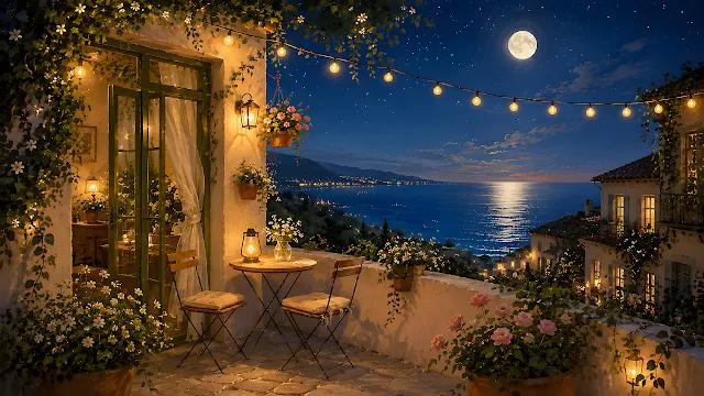 Warmly lit Mediterranean balcony terrace overlooking a calm sea under a bright full moon. Mediterranean balcony with string lights, potted flowers, table, and chairs overlooking the moonlit ocean.