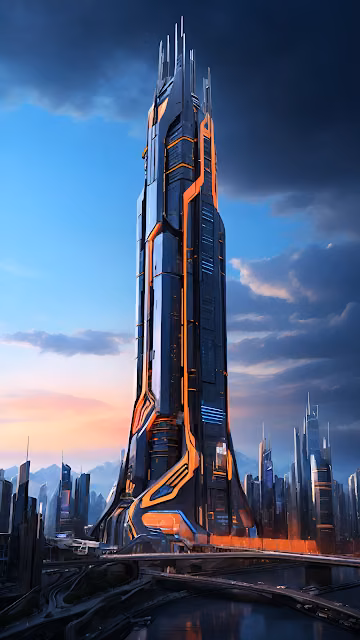 Megastructure SciFi Tower with Orange Accents at Sunset - Free 4K & 8K Mobile Wallpaper
