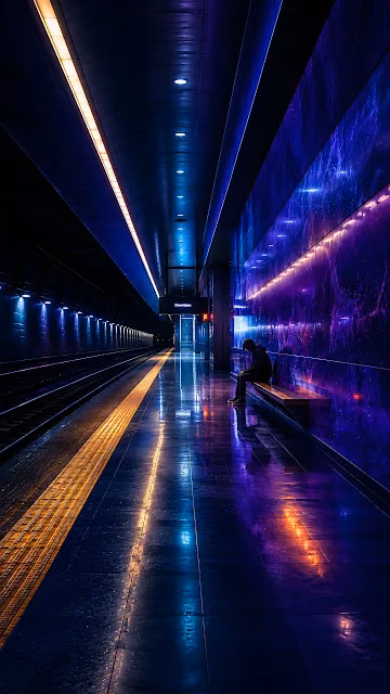 A person sits alone on an underground metro platform illuminated by glowing purple and blue neon lights. A person seated on a bench in an underground metro station with purple marble walls and glowing ceiling lights.