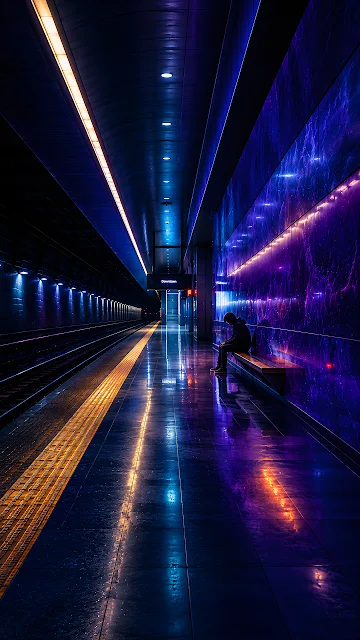 A person sits alone on an underground metro platform illuminated by glowing purple and blue neon lights. A person seated on a bench in an underground metro station with purple marble walls and glowing ceiling lights.