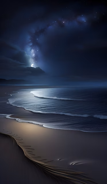 Midnight Beach Milky Way Crescent Moon Waves - Free 4K & 8K Mobile Wallpaper