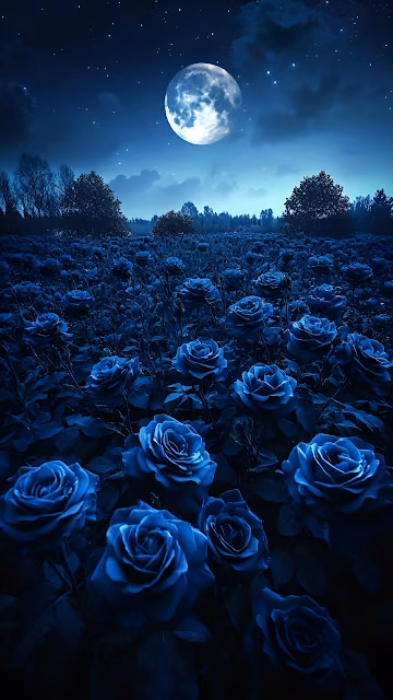 Midnight Blue Roses Field Under Bright Full Moon Sky - Free 4K & 8K Mobile Wallpaper