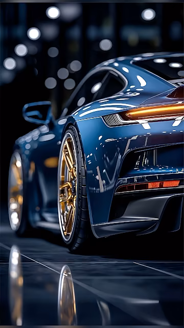 Midnight Blue Sports Car Golden Wheel Bokeh Reflection - Free 4K & 8K Mobile Wallpaper