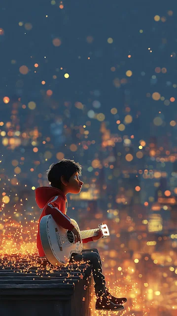 Miguel Rivera plays an acoustic guitar on a rooftop illuminated by glowing golden lights in the night sky. Miguel from Coco playing a white guitar on a rooftop with glowing golden particles over a city at night.
