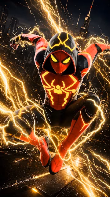 Miles Morales in a hooded suit leaps over a nighttime city surrounded by glowing yellow bioelectricity. Spider-Man wearing a red and black hooded suit surrounded by crackling yellow lightning above a city.