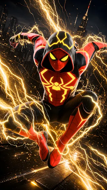 Miles Morales in a hooded suit leaps over a nighttime city surrounded by glowing yellow bioelectricity. Spider-Man wearing a red and black hooded suit surrounded by crackling yellow lightning above a city.