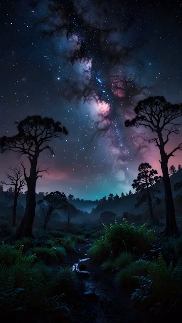 Milky Way Galaxy Over Dark Forest Clearing and Stream - Free 4K & 8K Mobile Wallpaper