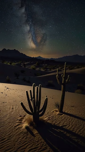 Milky Way Over Desert Cacti and Sand Dunes at Night - Free 4K & 8K Mobile Wallpaper