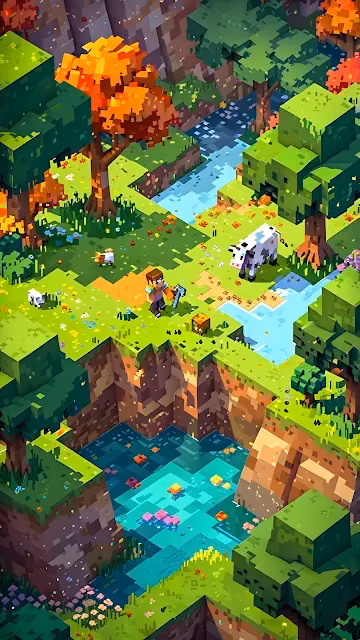 Minecraft Isometric Forest Landscape with Player - Free 4K & 8K Mobile Wallpaper